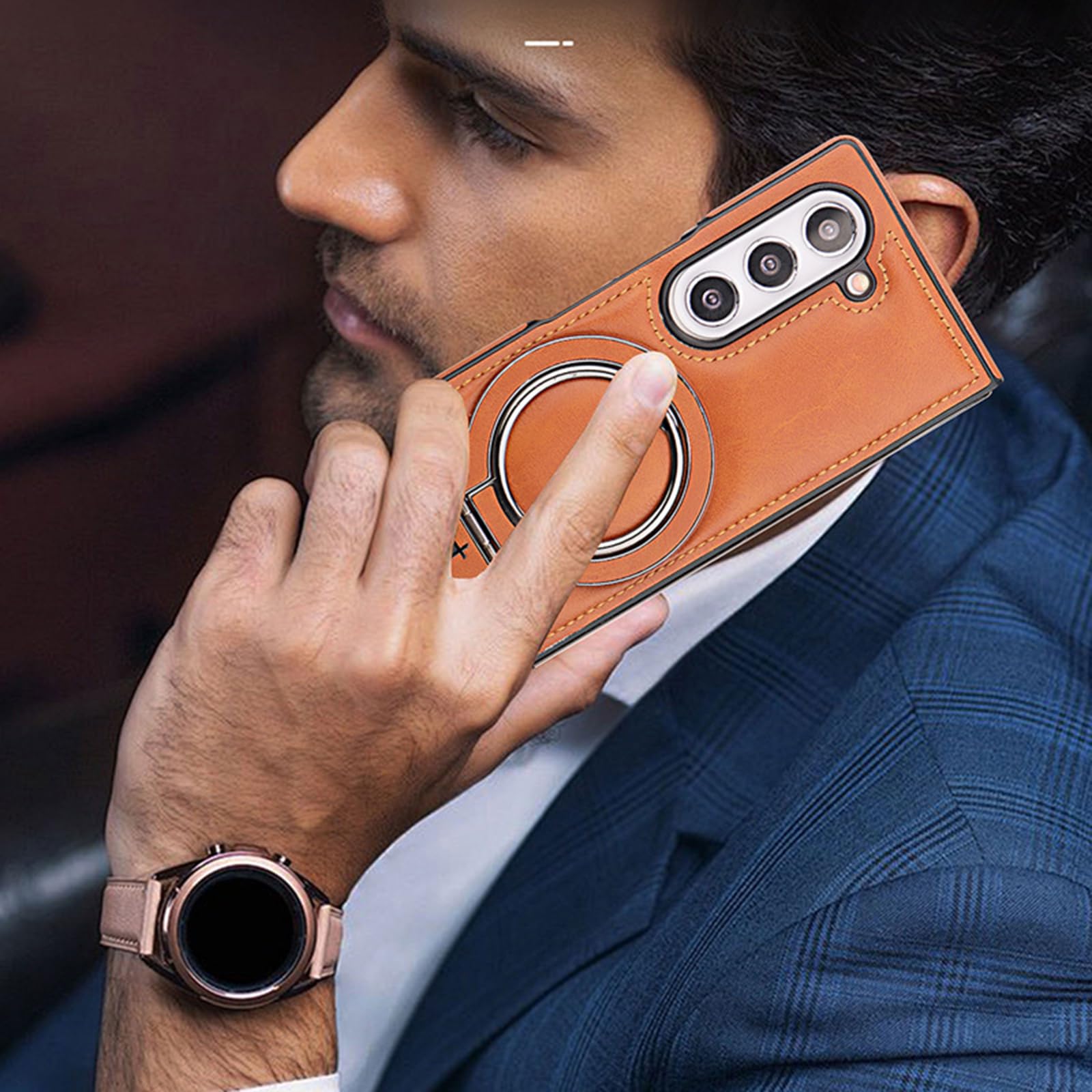 Magnetica Custodia per Samsung Galaxy Z Fold 8 Ultra, d'Epoca Pelle | Sottile Affari Telefono Cover con Rotabile Metallo Anello Supporto Ricarica Wireless Caso,Blu,Fold 8 Ultra