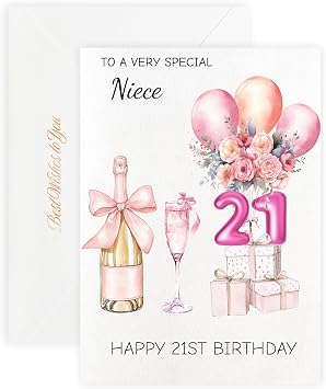 MAGJUCHE 21st Birthday Cards for Niece, Pink Happy Birthday Cards, with Envelope and Wax Seal, 5x7 inch