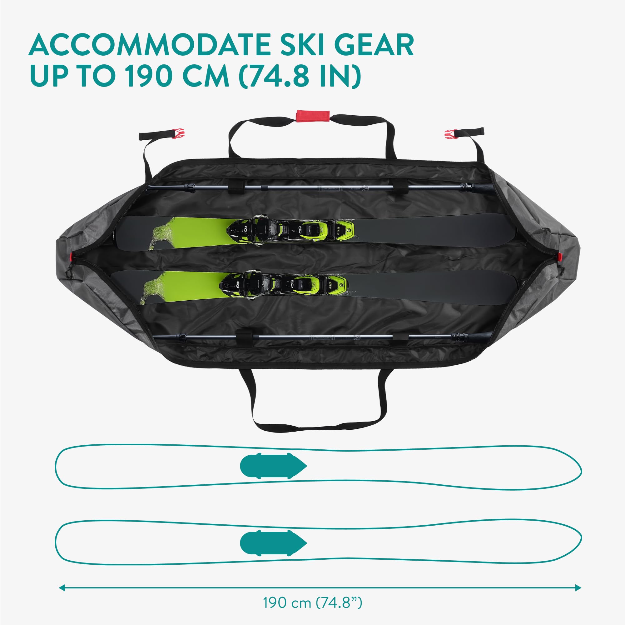 Navaris Sac de ski - Housse à ski pour paire de skis et bâtons homme et femme - Housse avec fermeture éclair clip et sangle - 2 tailles