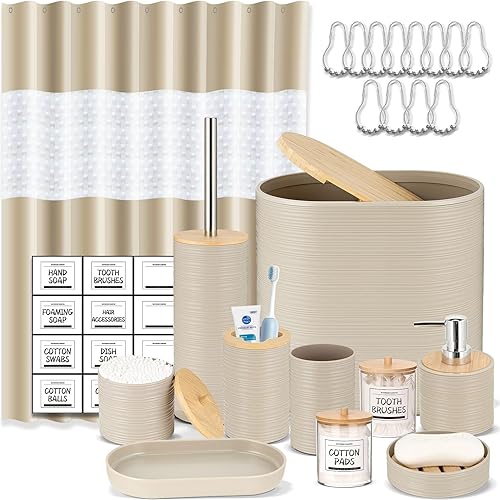 Miniatura 16 de IMAVO Juego de accesorios de baño - Juego de 11 piezas de accesorios de baño beige con cubo de basura, dispensador de jabón, jabonera, soporte para