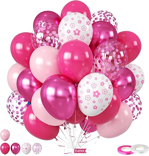 Hot Pink Balloons, 50Pcs 12 Inch Macaron Metallic Pink White Flower-Printed Magenta Confetti Birthday Balloons for Girls Women Birthday Princess Theme Party Decorations Bridal Baby Shower Wedding