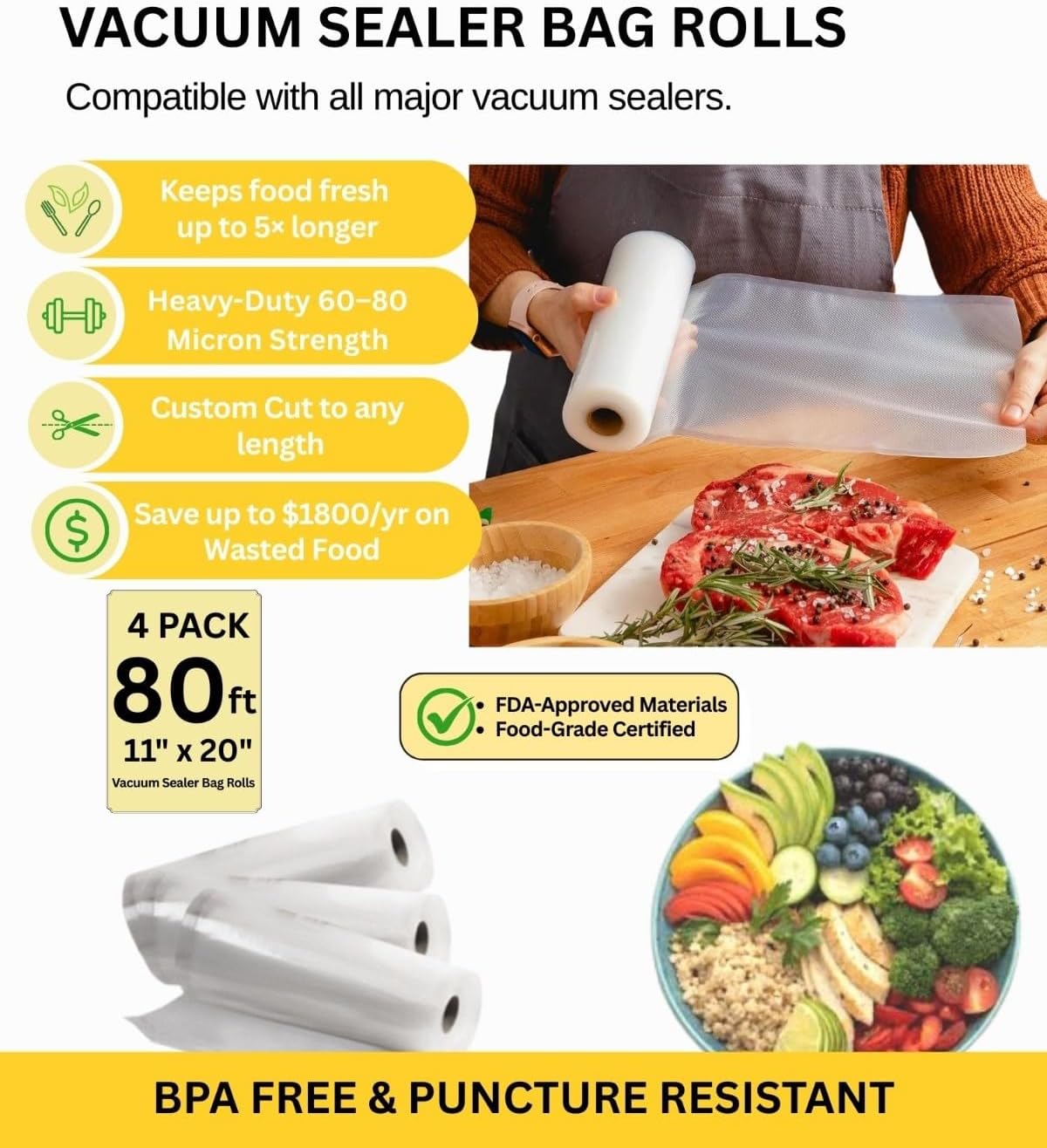 Duo Nutrisealer Vacuum Sealer Bag Rolls 11" Wide, 80 Ft Total (4 Pack) – Heavy Duty BPA-Free Food Storage Sealer Rolls, Compatible with Food Savr, Freezer Safe, Sous Vide & Meal Prep Vacuum Seal Bags image 2
