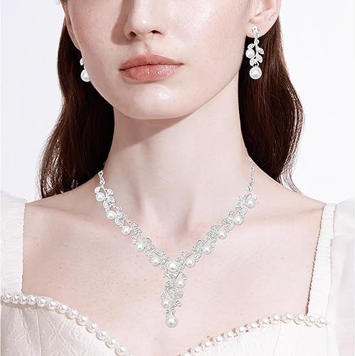 Miniatura 2 de CSY - Elegante juego de joyería con collar, aretes y pulseras en forma de hojas, adornos de diamantes de imitación para novia, dama de honor,