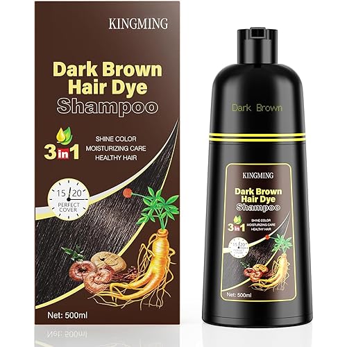 KINGMING Dark Brown 3 in 1 Hair Dye Shampoo for Gray Coverage, Herbal Ingredients for Men and Women, 500ml (Dark Brown)