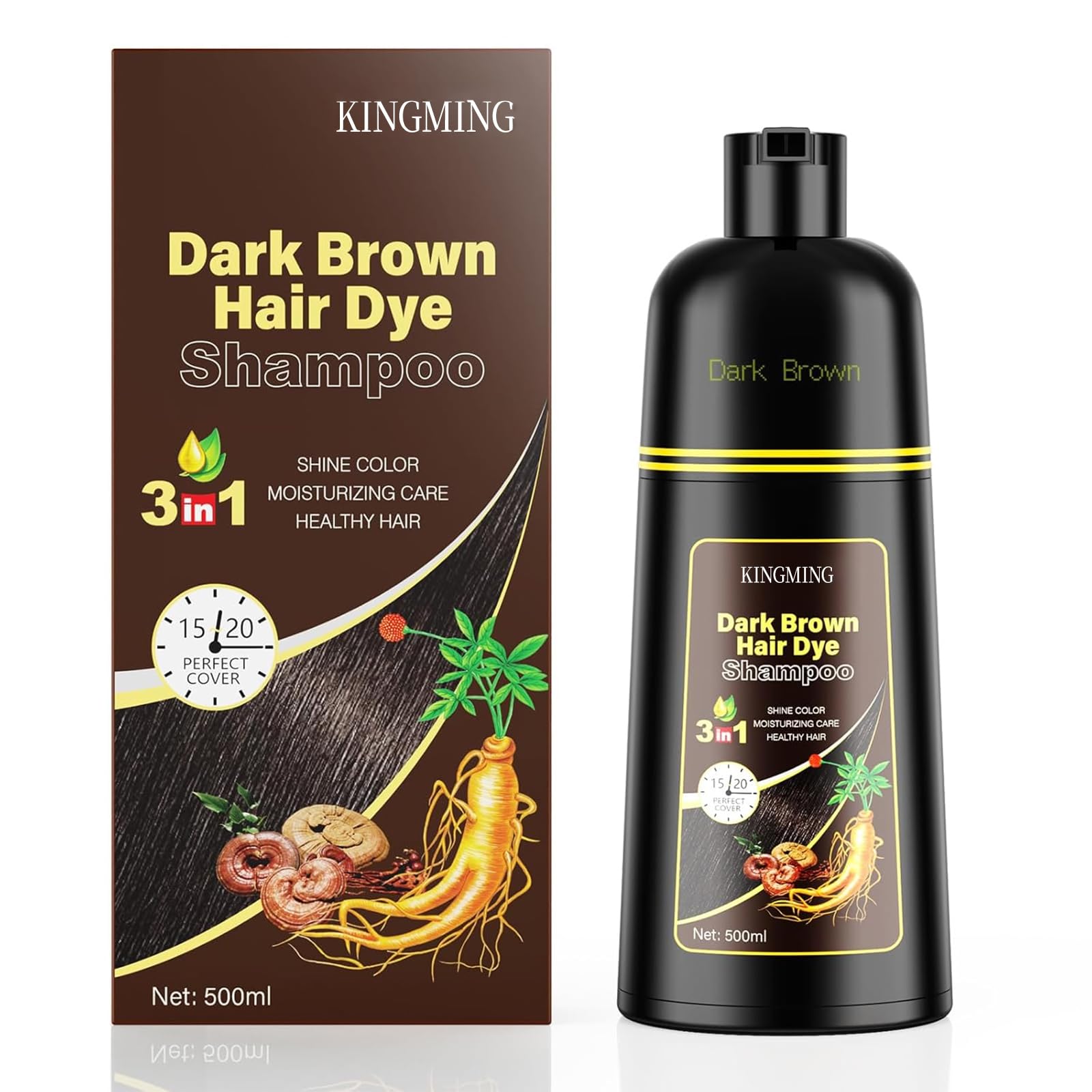 Dark Brown 3 in 1 Hair Dye Shampoo for Gray Coverage, Herbal Ingredients for Men and Women, 500ml (Dark Brown)