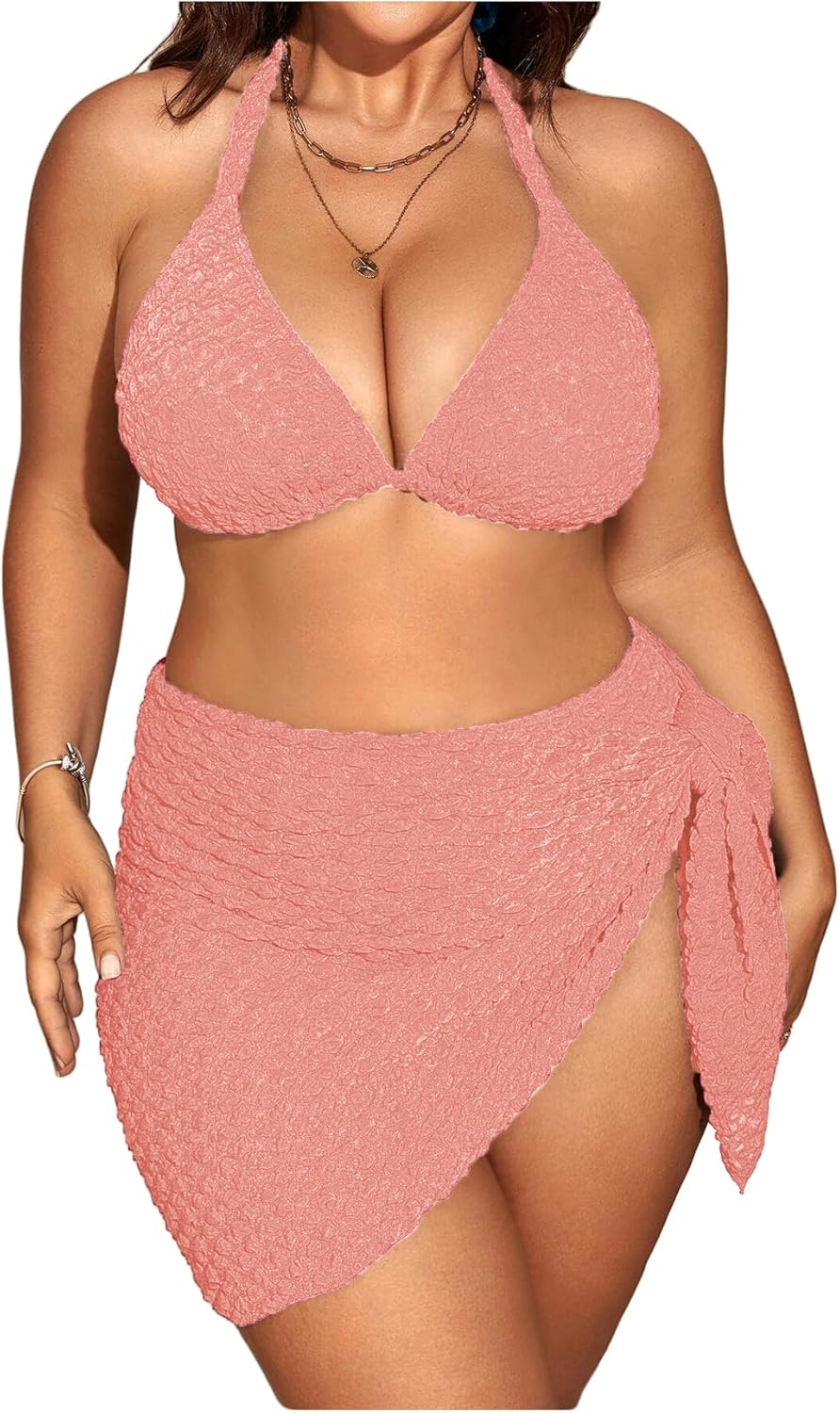 MakeMeChic Women's Plus Size 3 Piece Bikini Sets Tie Backless Halter Triangle Swimsuit Bathing Suit Cover Up Beach Skirts