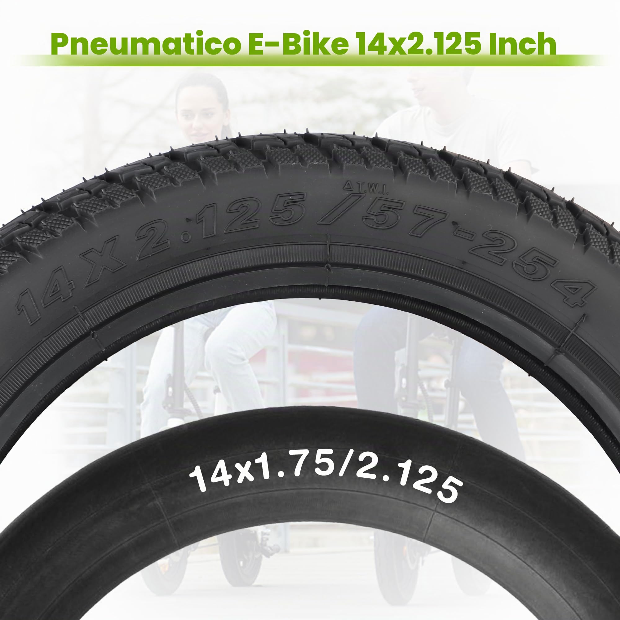 Confezione da 2 pneumatici da 14 pollici, 14 x 2,125, guaina 57-254 Plus, 2 pezzi, tubo da 14 pollici, 14 x 1,75/2,125 AV32 mm, valvola per bicicletta elettrica Tire/Kids Bike Tire