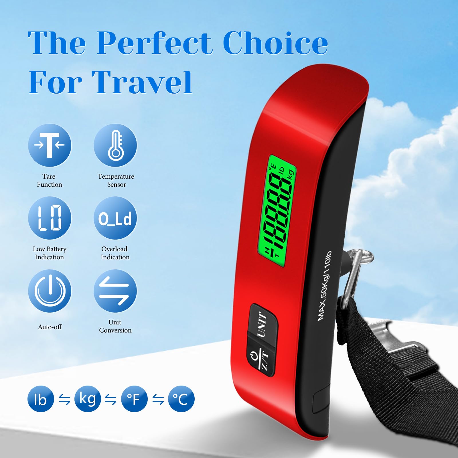 Pèse-bagages portable de 50 kg avec écran LED, balance numérique de voyage pour bagages, sacs à dos, fruits et animaux domestiques (rouge)