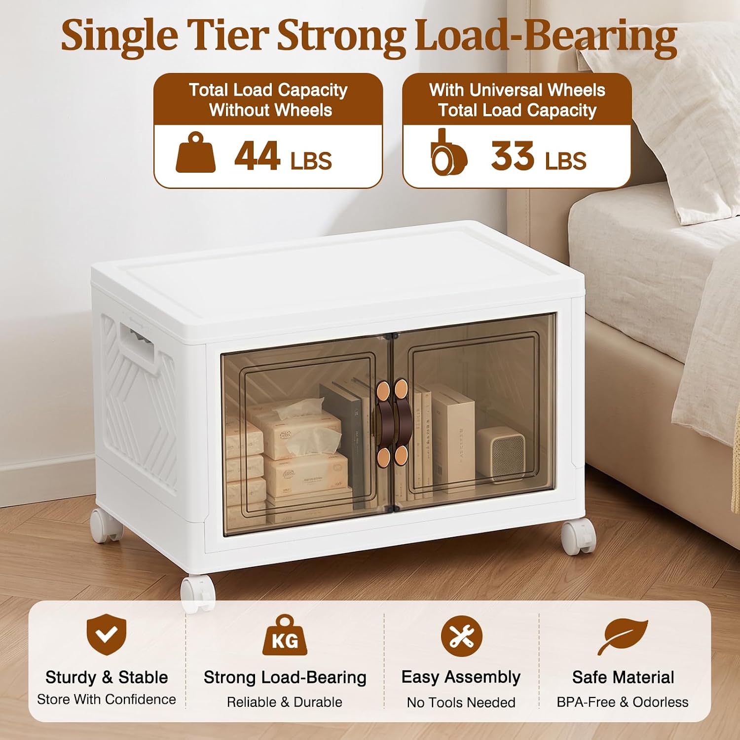 1Tier 53QT Stackable Storage Bins With Lids Portable Wheels Cabinet, White