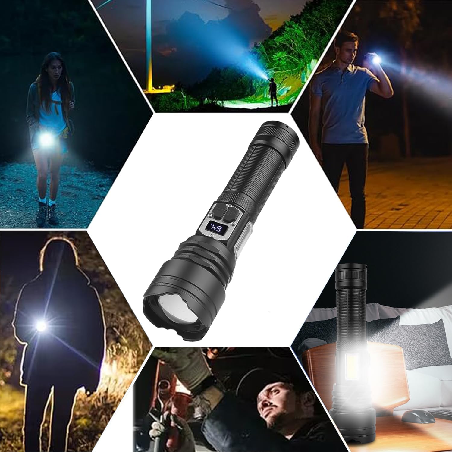 Pocketman Rechargeable Flashlights High Lumen Super Bright Flash Light, 5 Modes with 4 Side Cob Work Light Powerful LED Flashlight