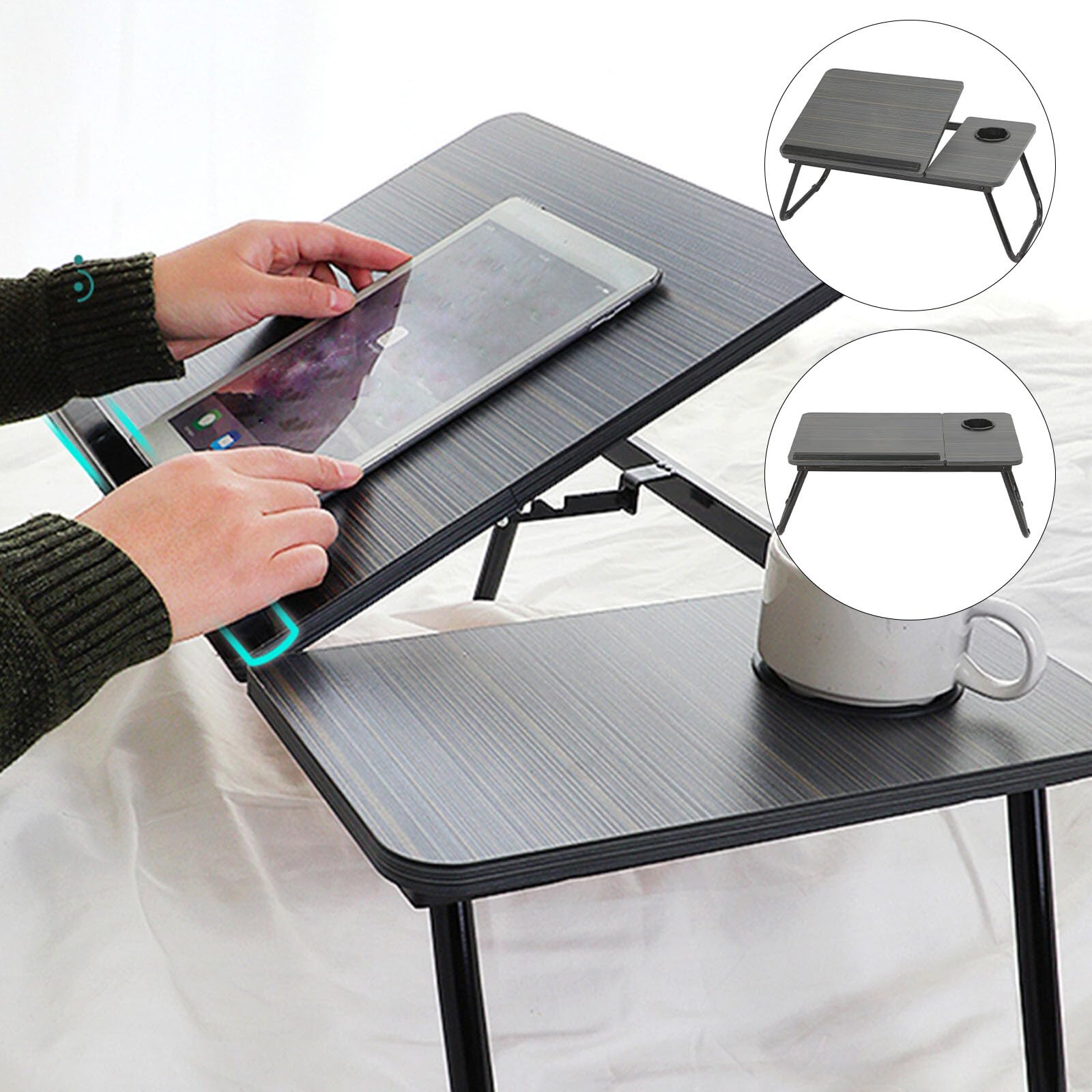 Table de Lit Pliable pour Ordinateur Portable 55x32cm Plateau Multifonction avec Porte-Gobelet Bureau Portable pour Lecture Petit-Déjeuner (Noir)