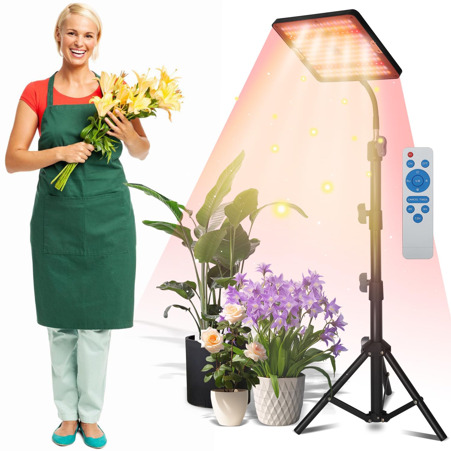 Lampa do roślin LED ze stojakiem, lampa do roślin z regulacją wysokości z pilotem zdalnego sterowania, 242 diody LED pełne spektrum światła do wszystkich faz wzrostu, możliwość ściemniania z