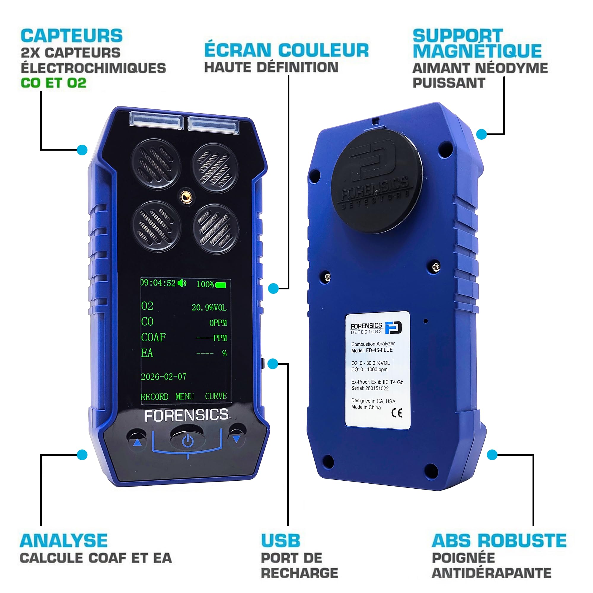 Analyseur De Gaz De Combustion (Flue Gas) | CO, O2, COAF Et EA | Piège À Eau, Filtres À Particules Et NOx | Certificat d'étalonnage UE | FD-4S-FLUE