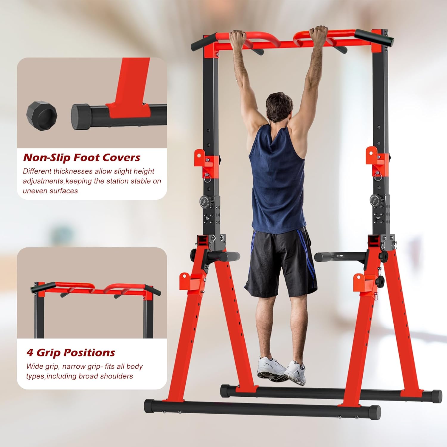 Foldable Power Tower Pull Up Bar Station, Multi-function Stable Pull Up Dip Station for Home Gym Strength Training Equipment