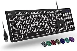 X9 Large Print Backlit Keyboard | Wired Light Up Computer Keyboard for PC Desktop Computer and Laptop - Easy to See and Type Illuminated Large Keys for Seniors and Elderly with 7 Backlight Colors