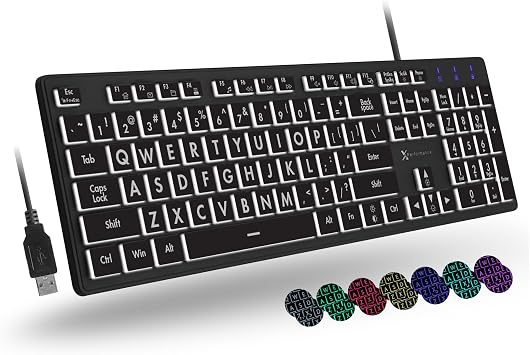 X9 Large Print Backlit Keyboard | Wired Light Up Computer Keyboard for PC Desktop Computer and Laptop - Easy to See and Type Illuminated Large Keys for Seniors and Elderly with 7 Backlight Colors