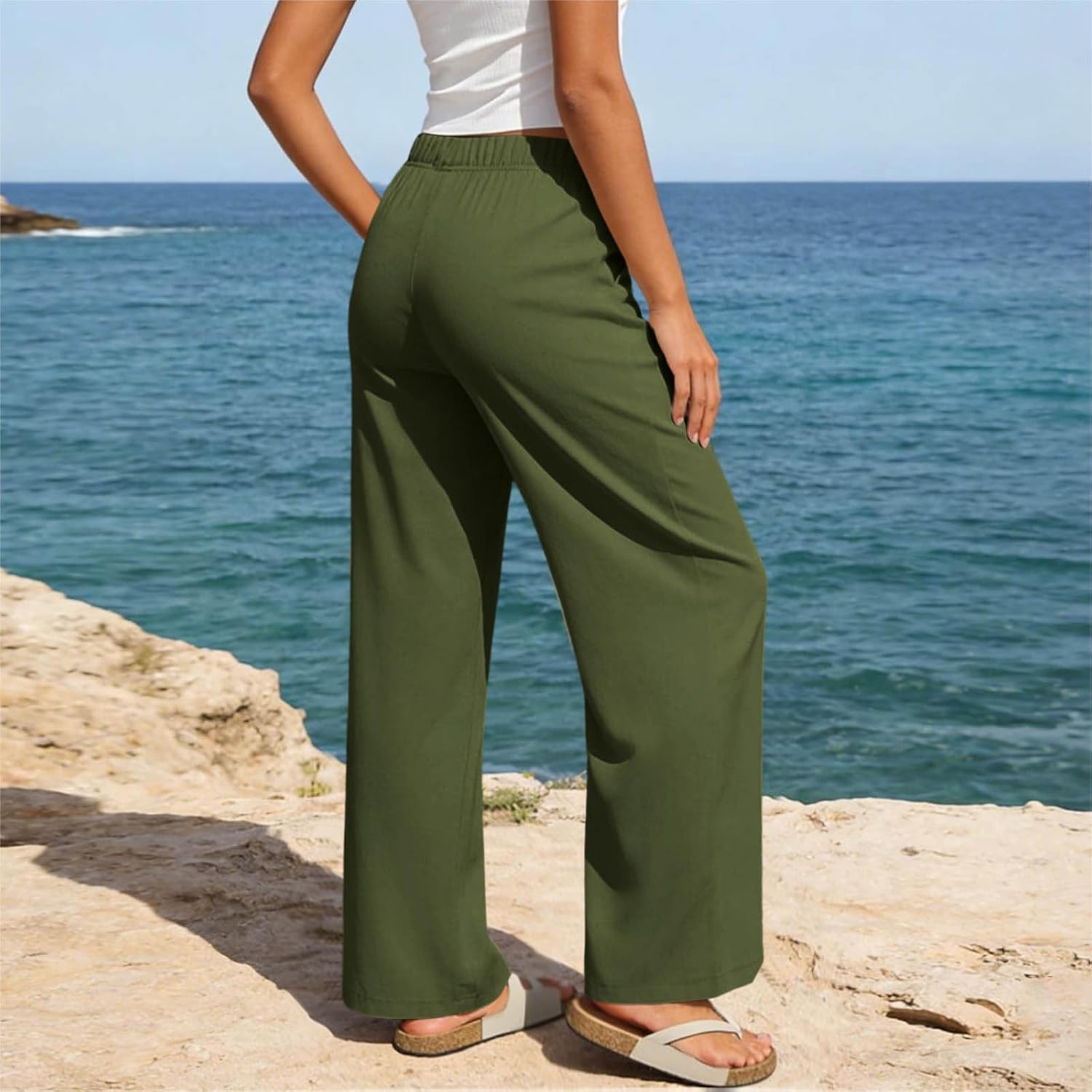 Women's Wide Leg Pants Casual Elastic Waisted Slack Straight Leg Dressy Pant Button Solid Trousers with Pocket