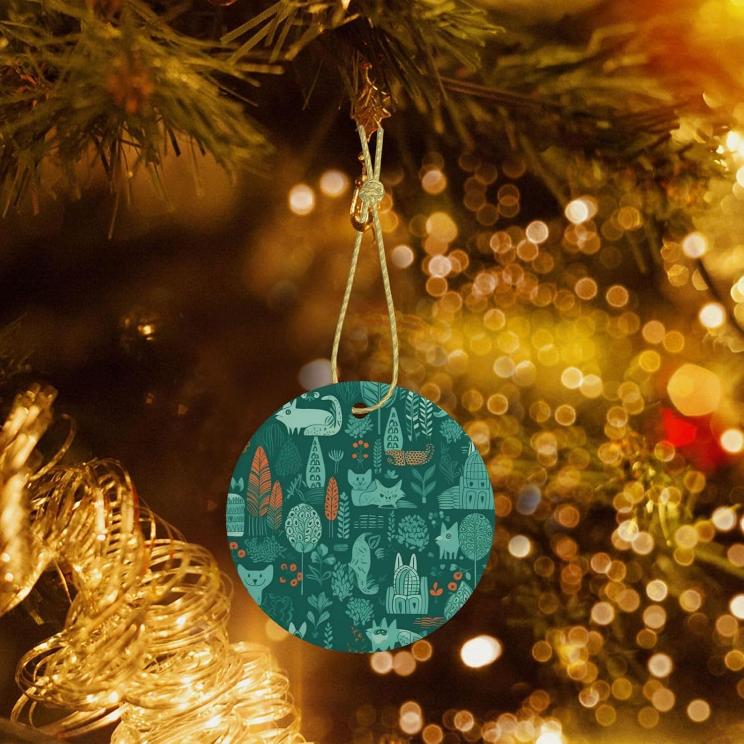 Christmas Ornaments Ceramic Round Christmas Hanging Ornament Double-Sided Green Animals Print Christmas Tree Pendants for Fireplace Party Holiday Wedding Xmas Decoration Gift