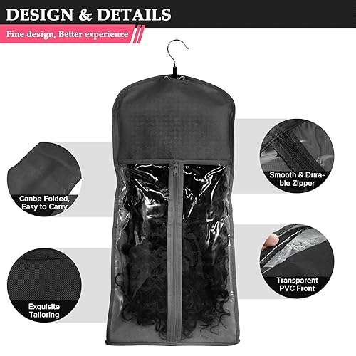 Miniatura 9 de VARIPOWDER 10 bolsas para colgar extensiones de cabello con colgador de madera a prueba de polvo para pelucas, bolsa de almacenamiento portátil para