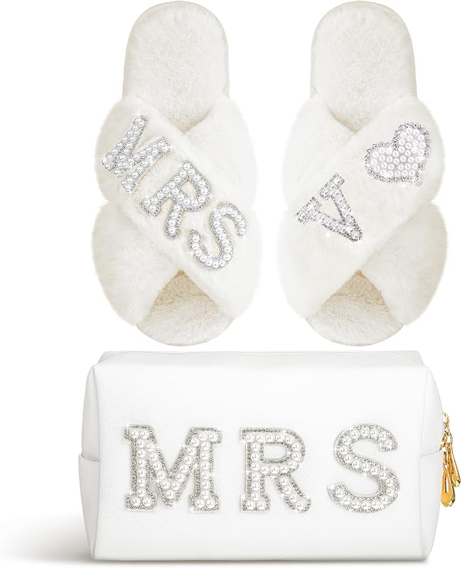 Xtinmee Kit com Pantufas Brancas e Necessaire de Maquiagem MRS, Tamanho Grande, Pacote com 2
