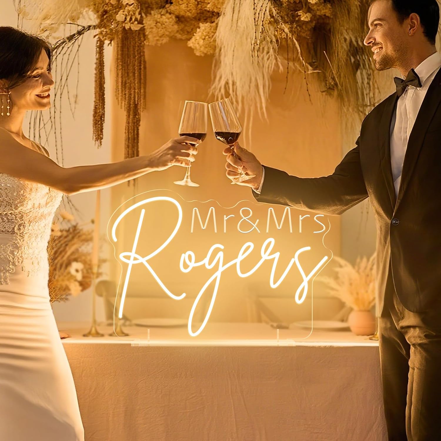 Custom Wedding Neon Sign with Acrylic Base for Tabletop, Personalized Mr & Mrs Last Name Neon Lights for Wedding Reception, Free Standing LED Light Up Signs Customizable for Bedroom Engagement Party