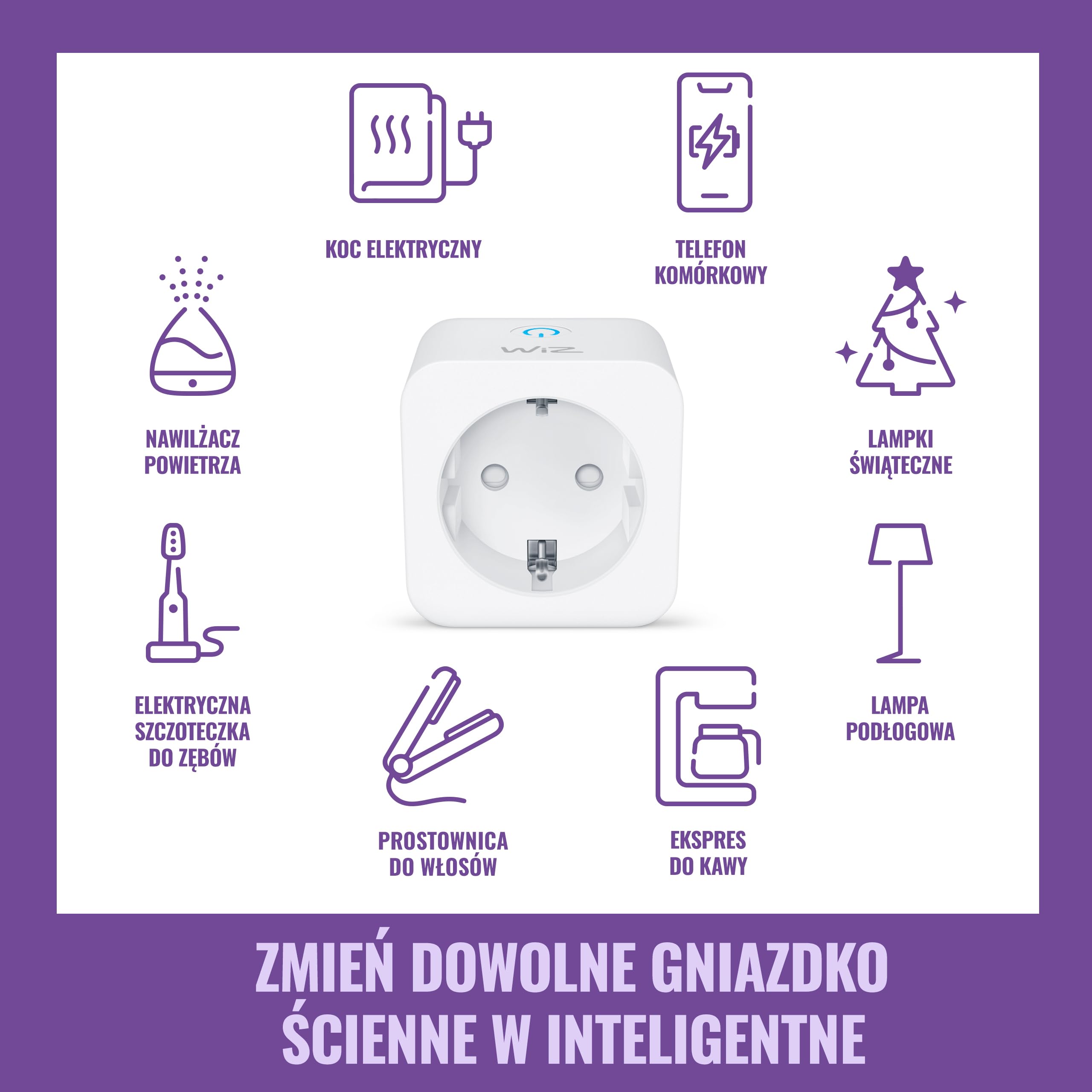 WiZ Wi-Fi Smart Plug, Typ F, 230 V, 50 Hz, Łatwa Konfiguracja, Certyfikat Matter, Inteligentne Sterowanie, Komendy Głosowe, Działa z Alexa, Google Home i Apple Home, Zestaw 1 Szt.