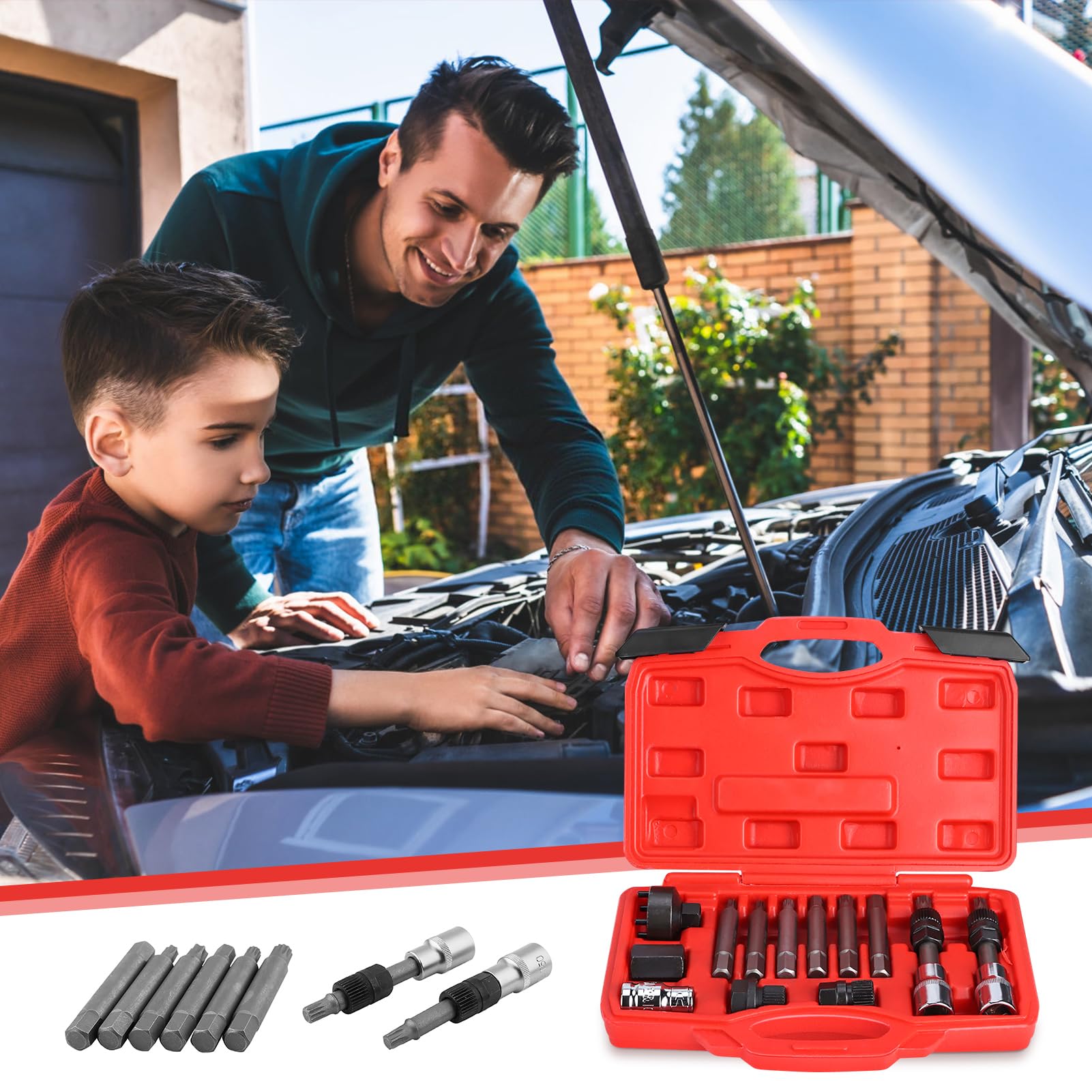 13 Pezzi Set di Attrezzi e Terminali per Chiavi a Bussola, Chiavi Smontaggio Puleggia e Alternatore Motore Auto, Kit di Riparazione Auto per Smontaggio e Montaggio
