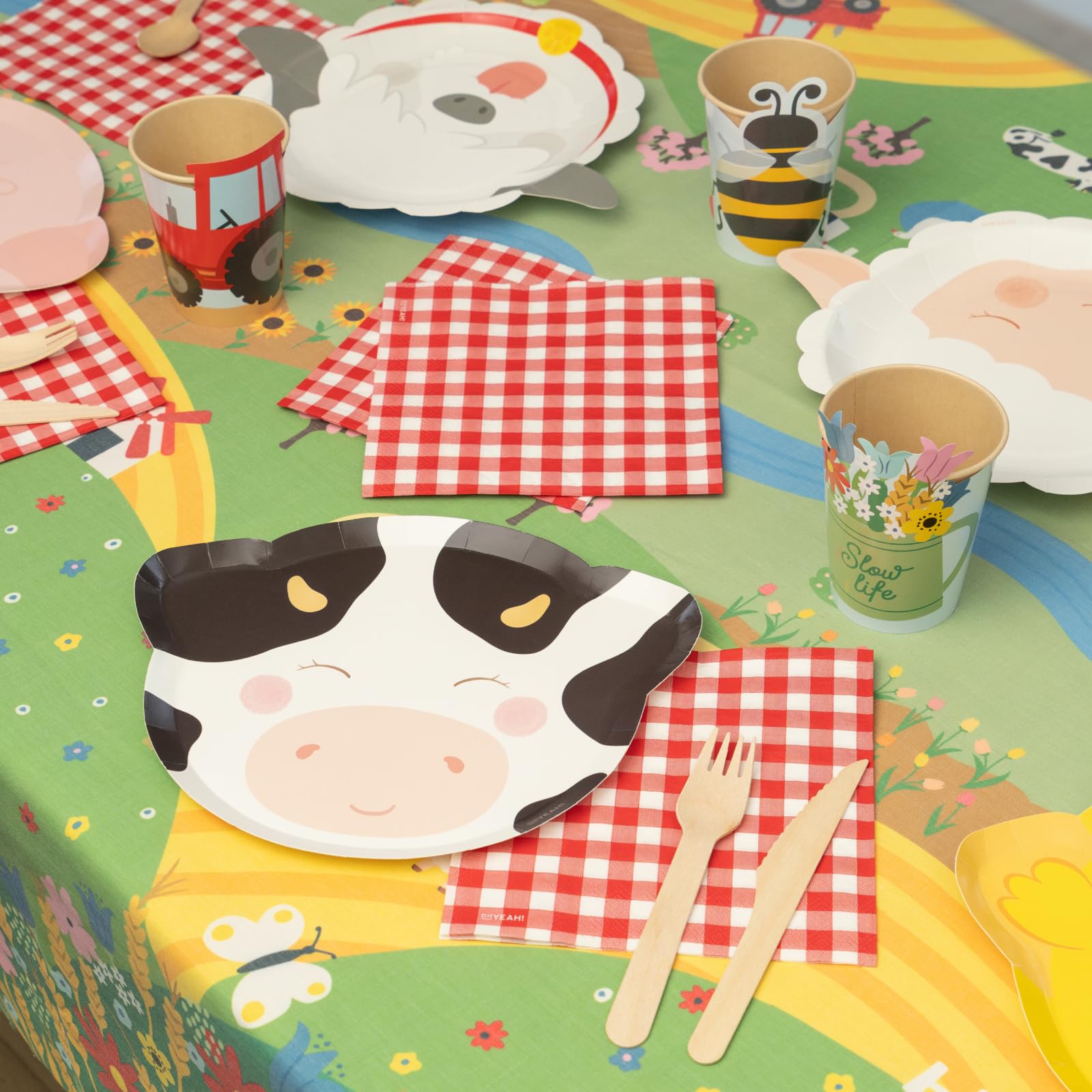 OH YEAH - Vajilla Fiesta de Cumpleaños Granja - Cumpleaños Infantil 12 Personas - 103 piezas - Decoración Vajilla Cumpleaños Infantil Temático - Kit Mesa Granja - Platos y Vasos para Cumpleaños