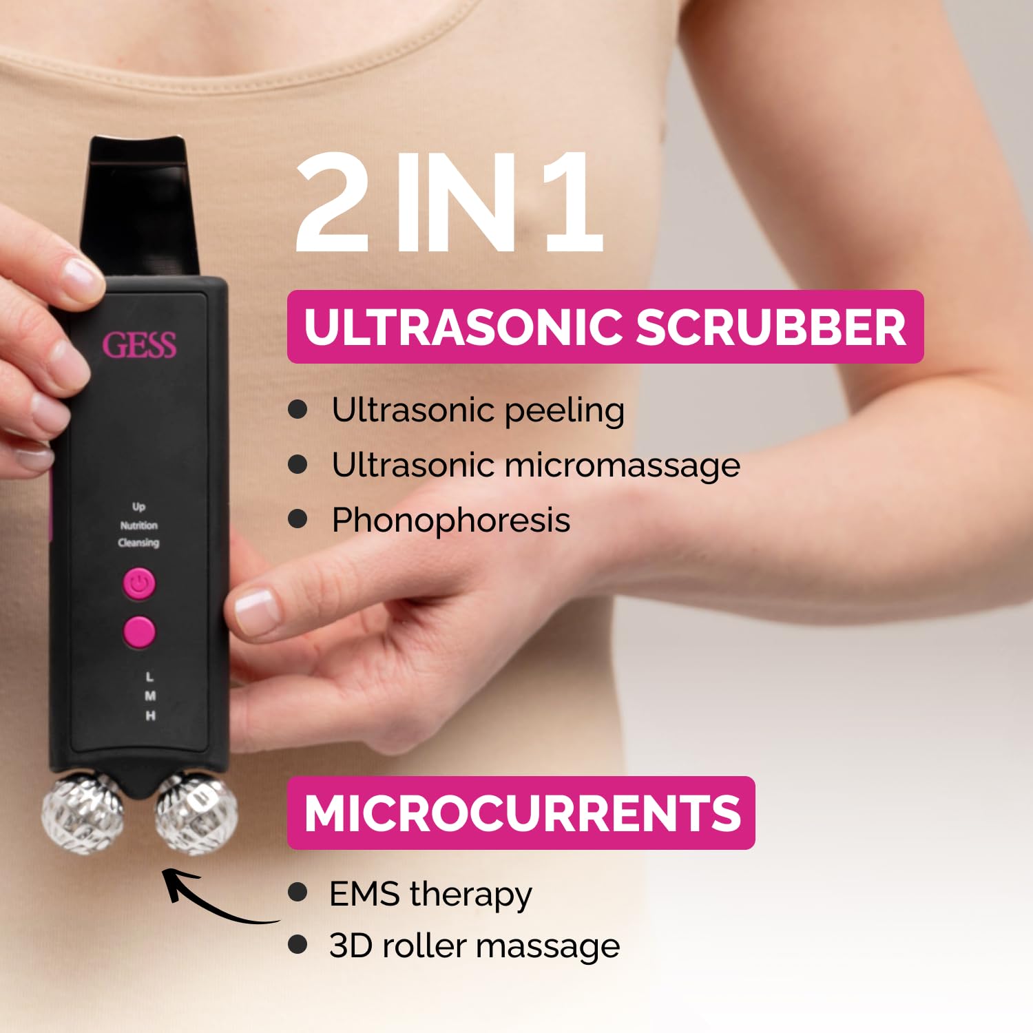 GESS Dispositivo EMS de Masaje & Peeling Ultrasónico – Limpiador de Poros & Papada, 3 Modos Reafirmantes, Micromasaje Ultrasónico & Miostimulación, Limpieza Profunda & Cuidado Facial Efectivo