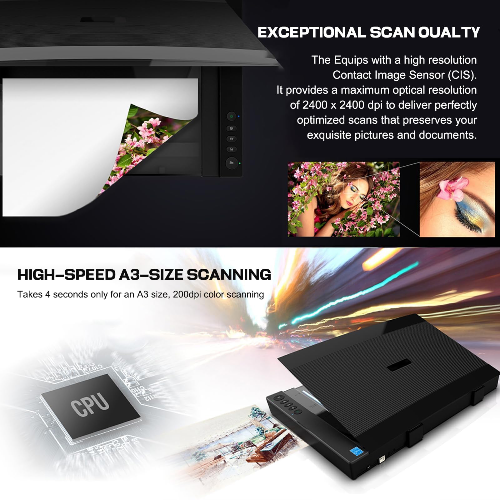 Escáner plano de gran formato, escáner de fotos y documentos de alta resolución de 2400 DPI, escaneos de 12 x 17 pulgadas en 4 segundos para uso en la oficina y la escuela