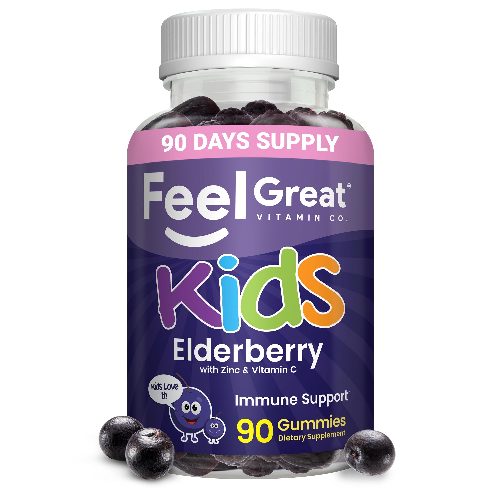 Feel Great Vitamin Co. Elderberry Gummies for Kids | Immune Support | Natural Antioxidant Immune Booster | with Vitamin C and Zinc | Gluten Free & Vegetarian | 90 Gummies