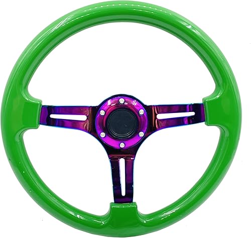 Vista 16 de Volante clásico de carreras para auto en negro, con radios cromados y plateados de 14", volante deportivo de grano de madera con plato plano