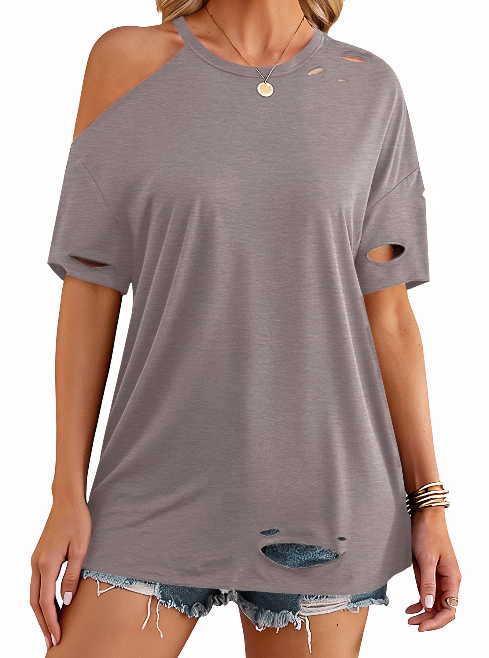 Distressed Tshirt Women Short Sleeve Ripped Shirt Off Shoulder Tops Oversized Tee
