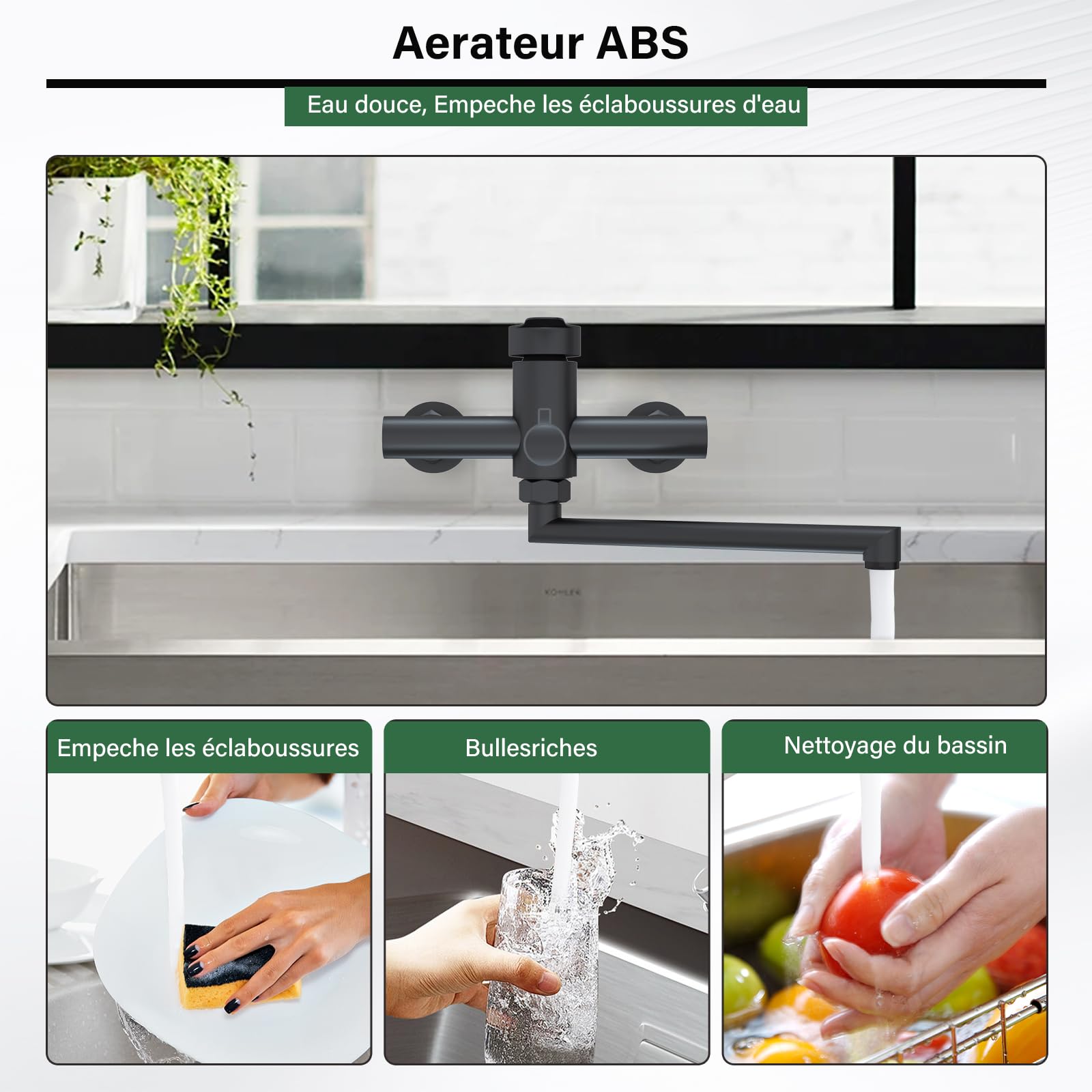 Mitigeur Robinet Cuisine Noir avec Pistolet Douchette Bec 23 cm Pivotant à 360° Robinet Mélangeur Mural pour Évier Acier Inoxydable