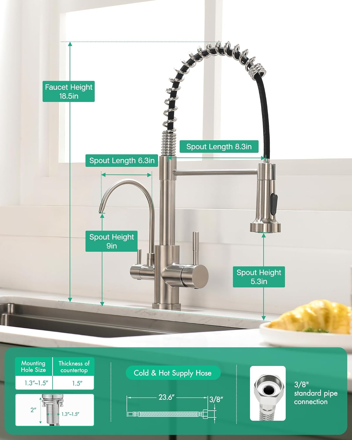 GIMILI 3 in 1 Kitchen Faucet with Pull Down Sprayer Brushed Nickel Two Handle Kitchen Sink Faucet with Under Sink Water Filter System Reduces PFAS, PFOA/PFOS, Lead, Chlorine, Bad Taste & Odor