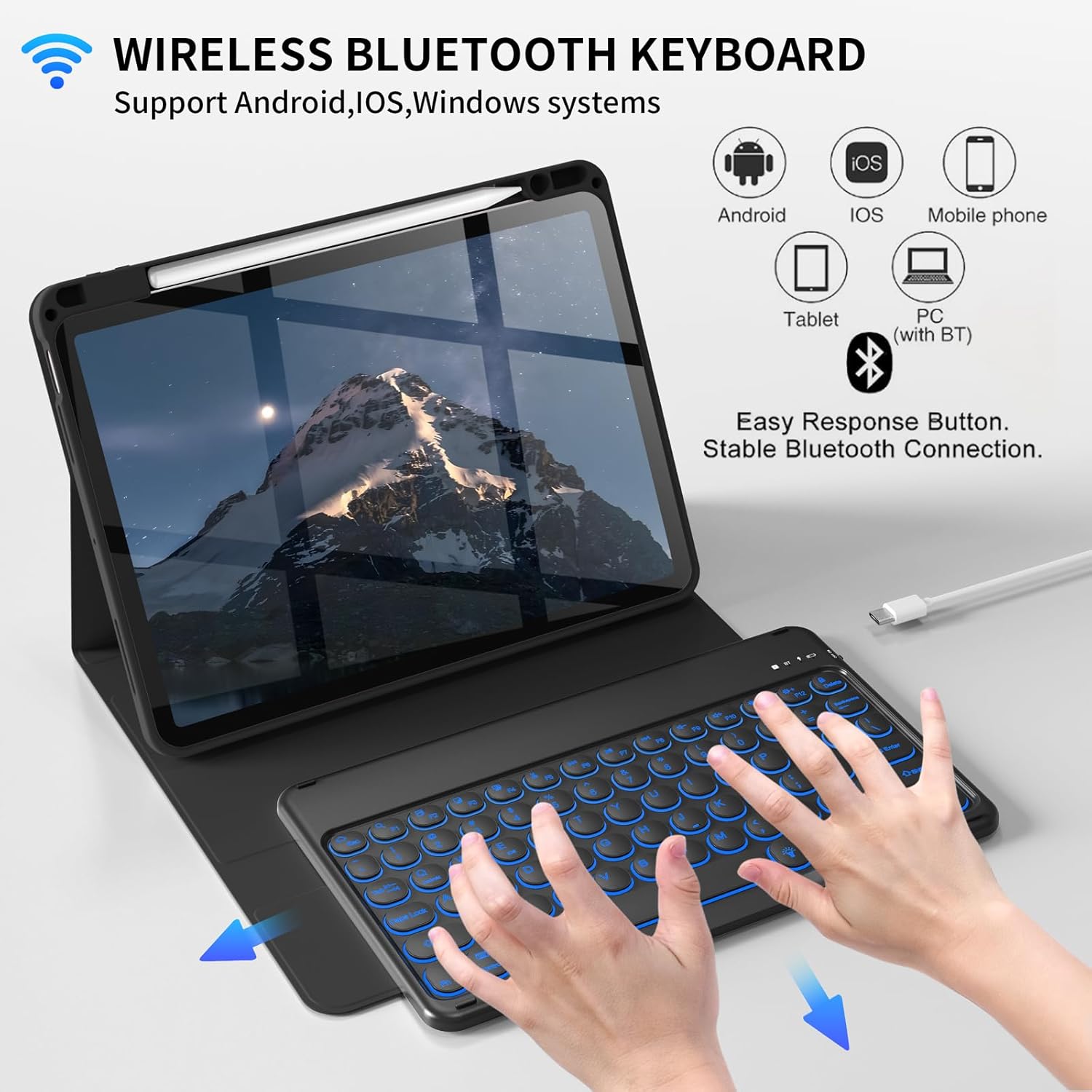 Aoub Keyboard Case for iPad Air 11-Inch M3/M2 2025/2024, iPad Air 5th/4th Gen 2022/2020, 7 Color Backlit, Folio Detachable Wireless Bluetooth Keyboard Cover Soft TPU Back Case with Pencil Holder-Black