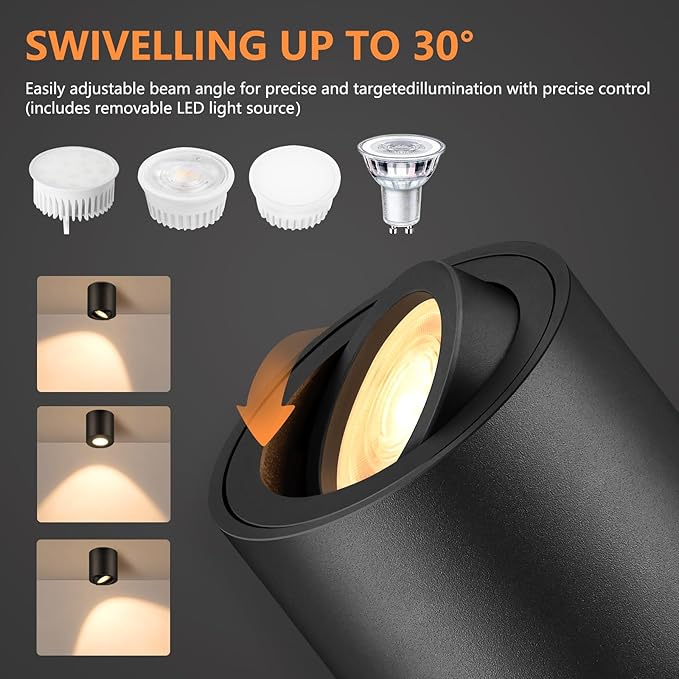 GeyouLux 4 x opbouwspot, dimbaar, Ø 80 x 84 mm, 30 graden draaibaar, incl. vervangbaar 5W, lamp, plafondlamp, spot, 3000 K/4000 K/6500 K, aluminium, rond, led-spot, downlight (zwart) photo 3