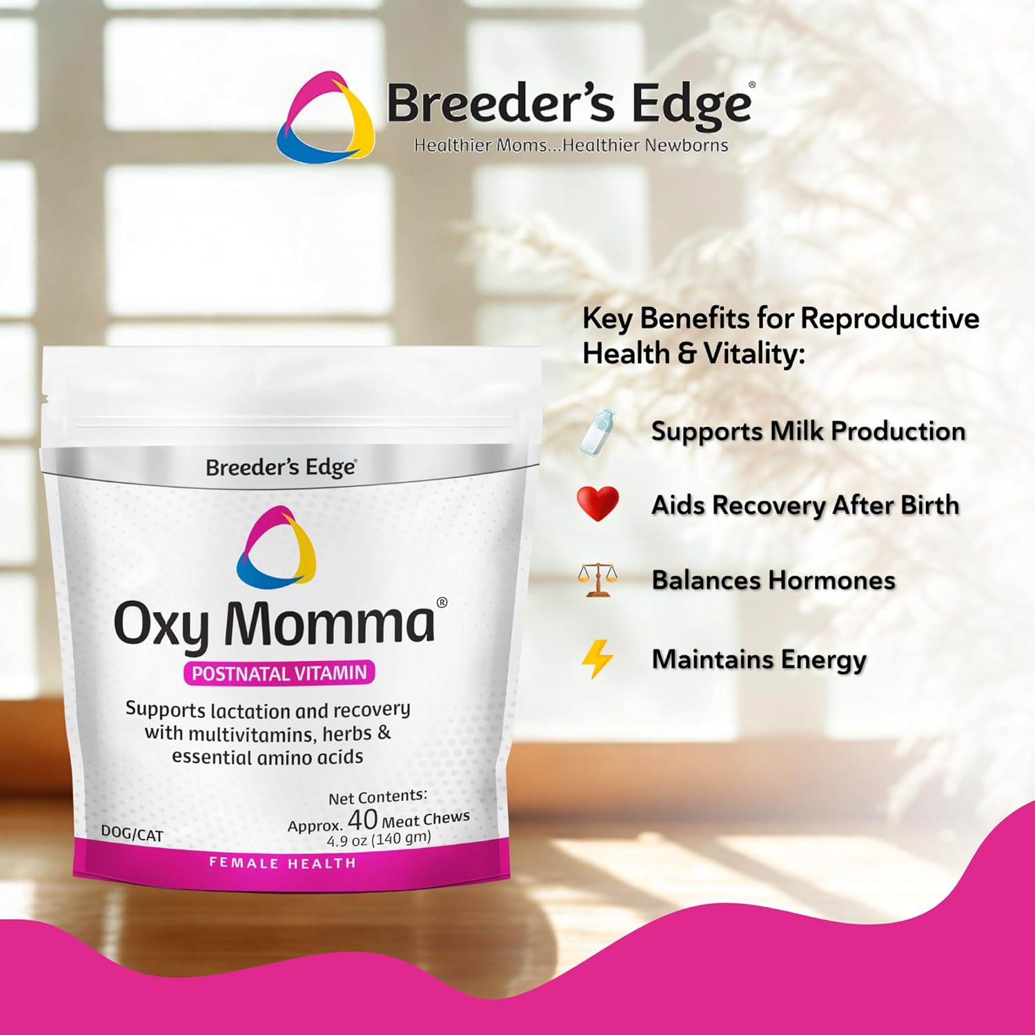 Breeder's Edge Oxy Momma Meat Treats, Postnatal Supplement for Lactating Dogs and Cats, Provides Essential Nutrients and Herbs to Support Milk Production and Aid Mother's Recovery After Birth, 40 ct