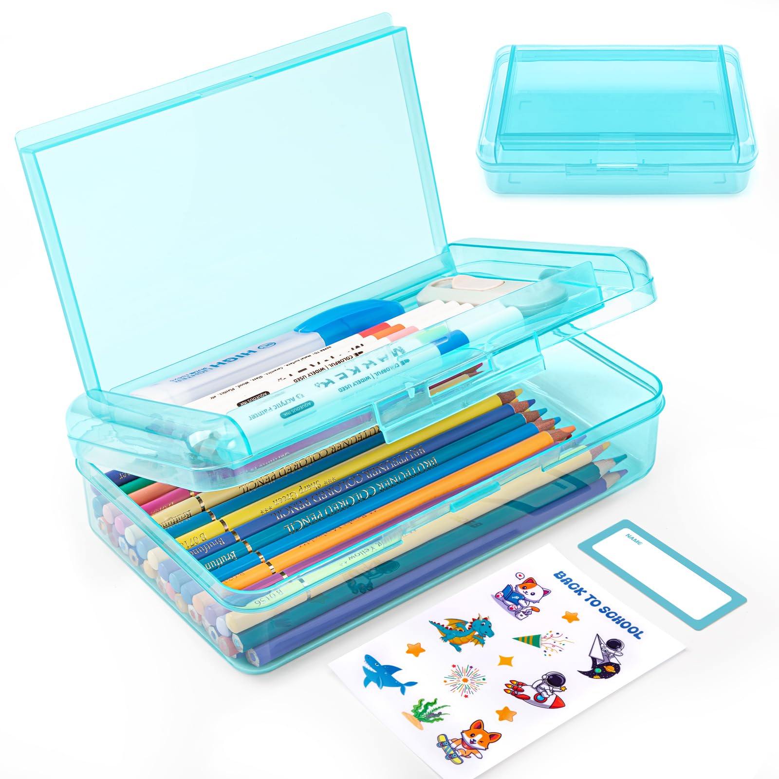 Double Layer Plastic Clear Hard Pencil Cases Box with Personalized sticker