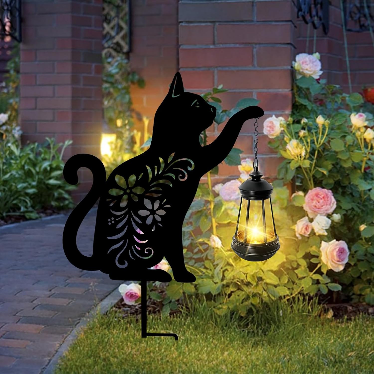 Bshine Cat Solar Light Outdoor Garden Decoration, Waterproof Metal Stake Black Outdoor Statue Lantern, Lawn Ornaments for Yard, Path, Patio, Sculpture Black Cat Memorial Gift