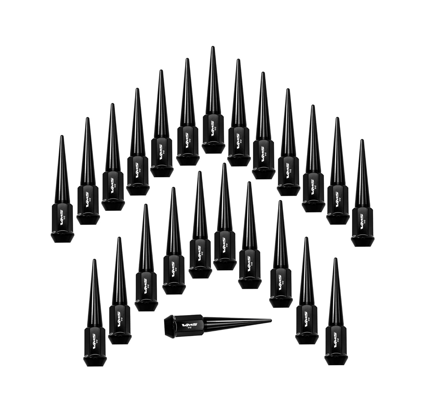 VMS RACING 1/2x20 24PC 112mm Cold Forged Steel Lug Nuts with Black Extended Spikes Tips in Aluminum Compatible with Jeep Wrangler Sport Sahara Rubicon CJ YJ TY JK JKU TJ 1972-2018 5 Lug Wheel Pattern