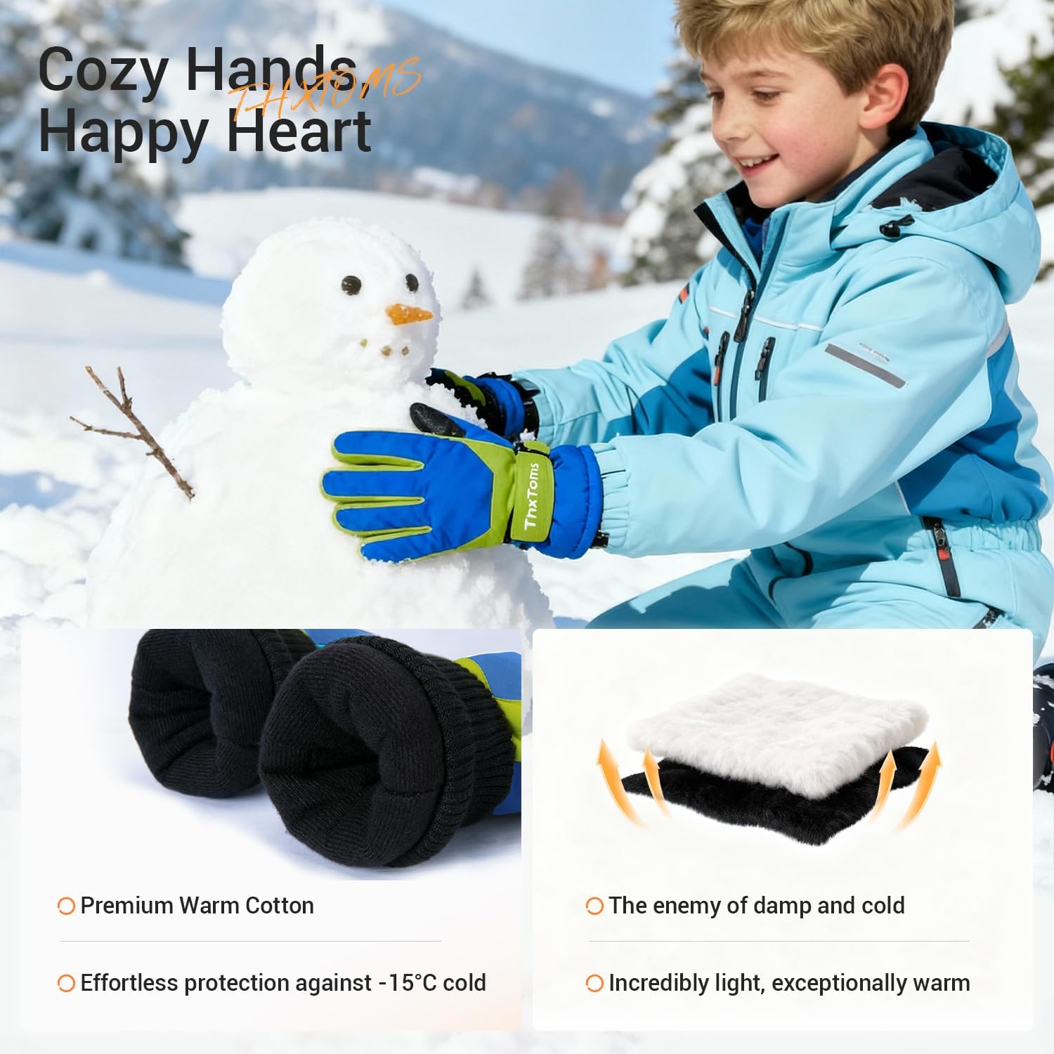 ThxToms Kids Winter Gloves Waterproof Ski Snow Gloves for Boys & Girls Cold Weather Outdoor Sports Snowboard Bicycle for 4-14 Years Old - Image 3