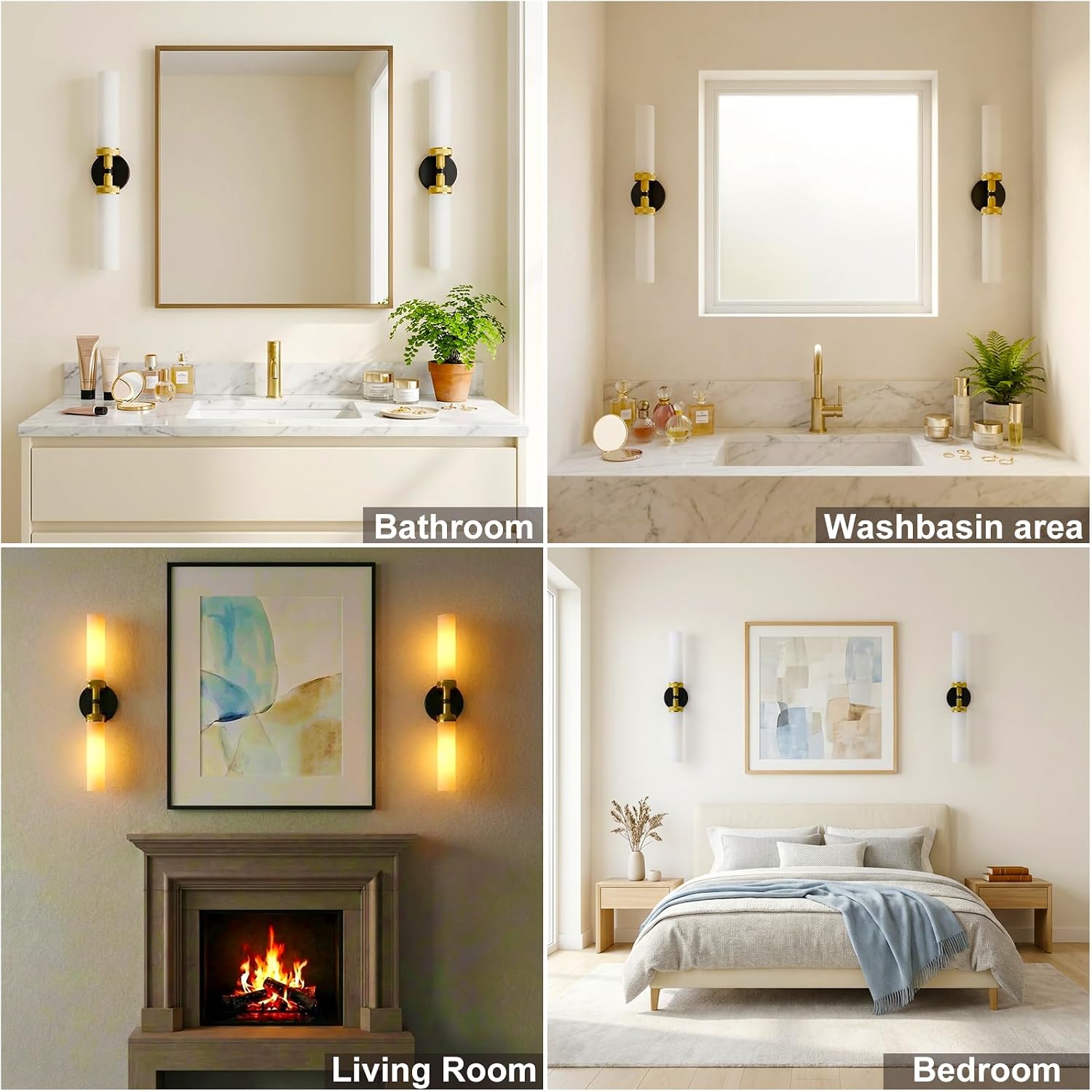LaLuLa Black and Gold Vanity Light Fixtures – Modern Hardwired Wall Sconces with Milk Glass Shades, Textured Metal Bathroom Lighting for Over Mirror or Hallway, 25" Height