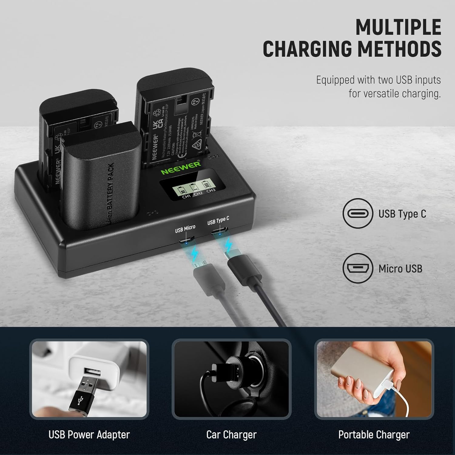 NEEWER Replacement Battery and Charger Set for LP-E6P/LP-E6NH/LP-E6N, 3 Pack 2200mAh Batteries and USB Triple Charger, Compatible with Canon EOS R5 Mark II R5 R6 R7 R 5DIV 6DII 7DII 60D 70D 80D 90D
