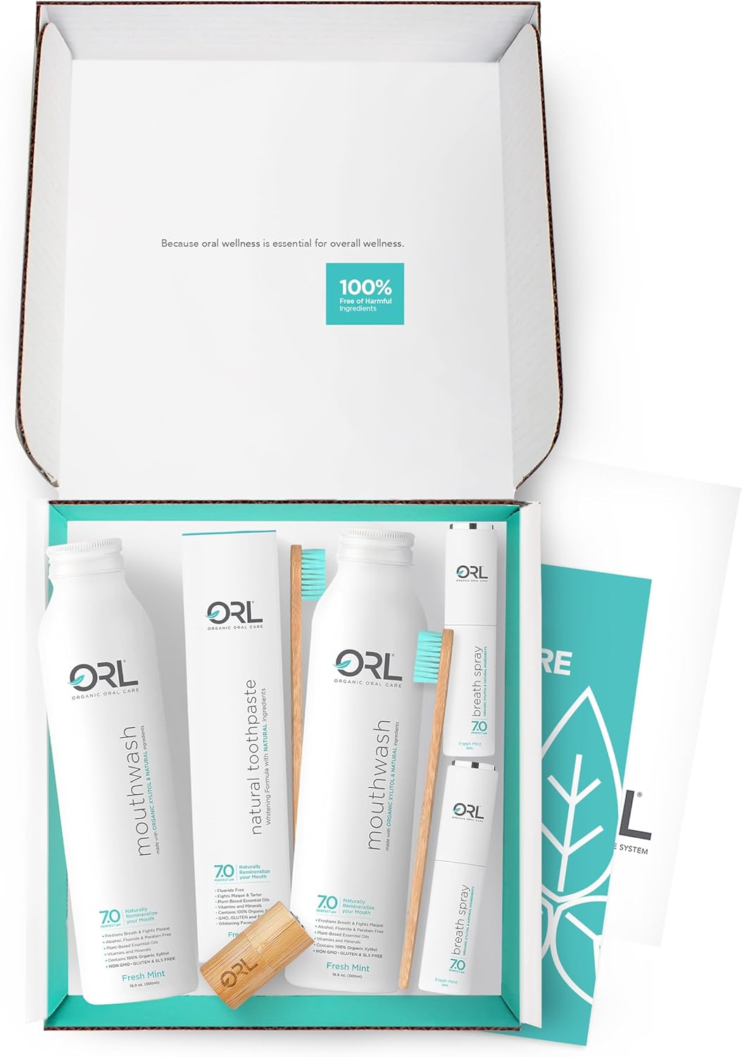 ORL Natural 60-Day Oral Care Kit Includes 1 Toothpaste, 2 Mouthwashes, 2 Breath Sprays, 2 Toothbrushes, 1 Floss. Eco-Friendly, Fluoride-Free, Vegan, Gluten-Free and Non-Toxic. Fresh Mint