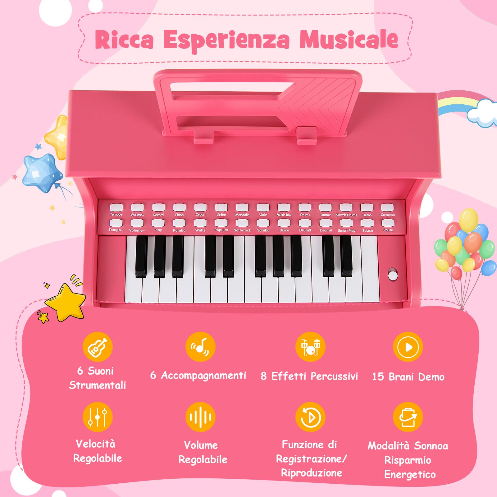 COSTWAY Pianoforte Digitale Bambini a 25 Tasti con Luci, Pianola Elettrica con 6 Toni, 15 Demo e 8 Percussioni, Set Tastiera Musicale con Sgabello e Leggio Rimovibile, per Bambini 3+ Anni (Rosa)
