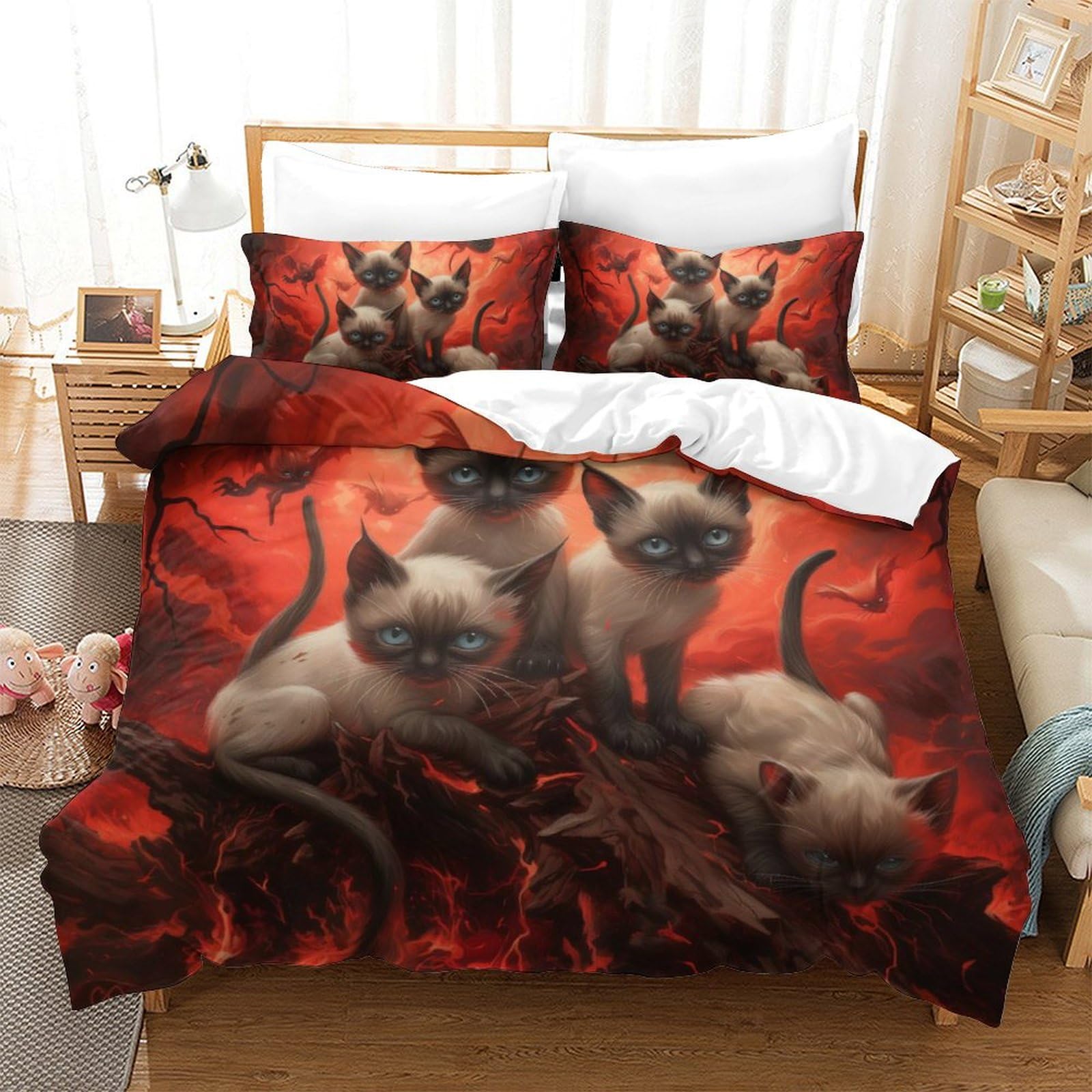 Housse de couette chat siamois fermeture éclair parure de lit anti-plis 220x240