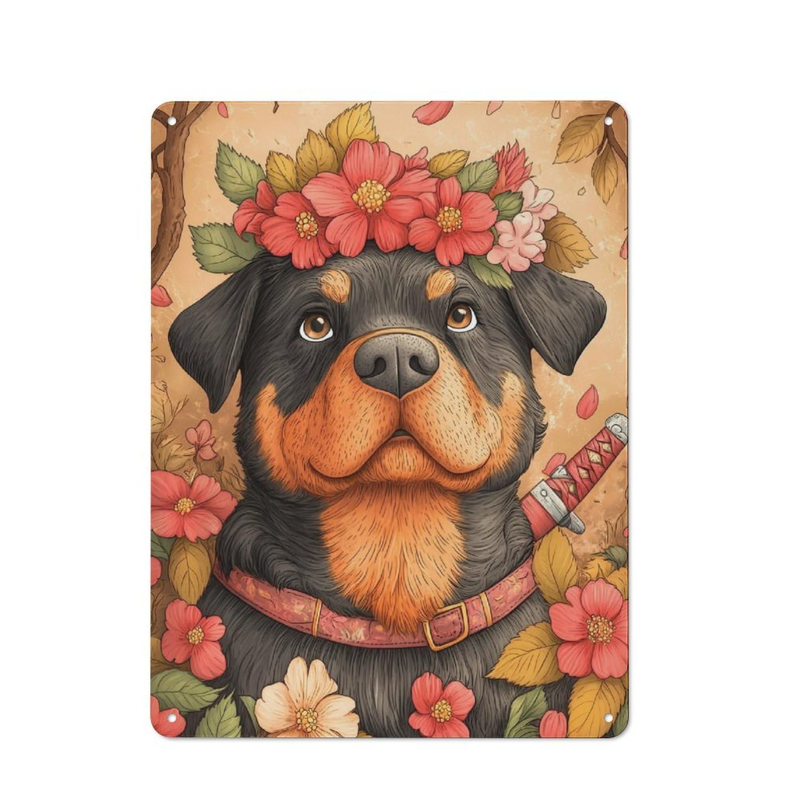 Junmoney Rottweiler With Flowers Animal For Man Cave Or Games Room, Retro Metal Plaque 40X30cm, For Metal Sign Collectors, For Garage And Workshop Walls