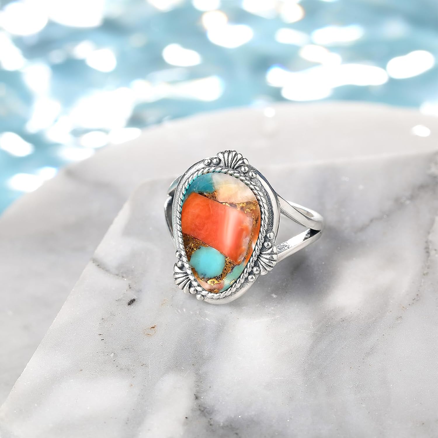 Sterling Silver Turquoise Ring for Women Irregular Turquoise Adjustable Open Statement Rings with Rope Edge Adjustable Size 6-9 Valentines Day Gift for Her