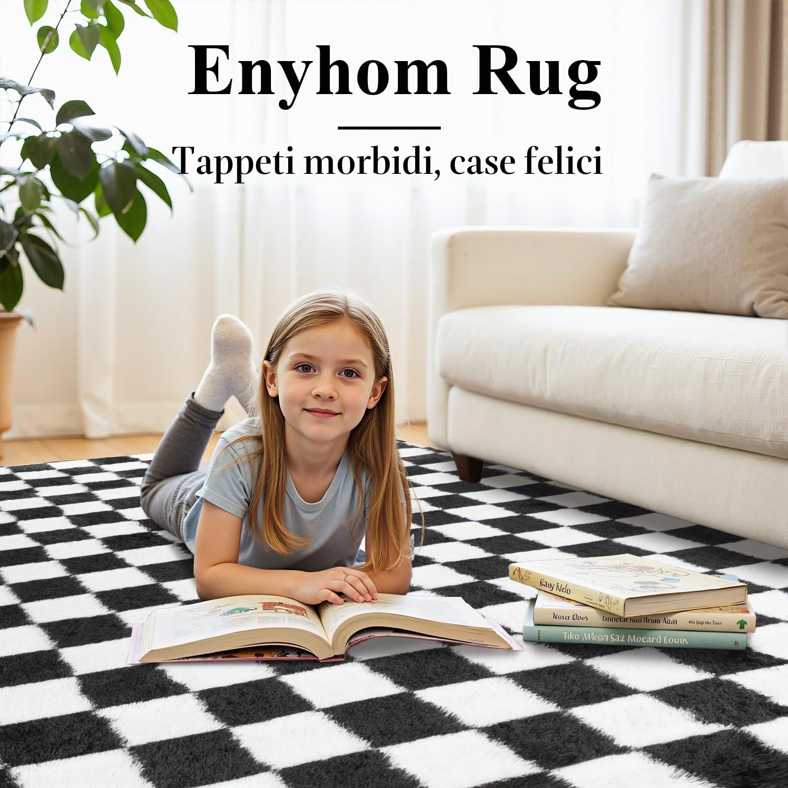 Enyhom Tappeto Salotto Scacchi Moderno 120 x 180 cm, Pelo Lungo Tappeto Camera da Letto Scendiletto Peluche Super Morbido Tappeti Salotto Antiscivolo Lavabile in Lavatrice Tappetino per Soggiorno